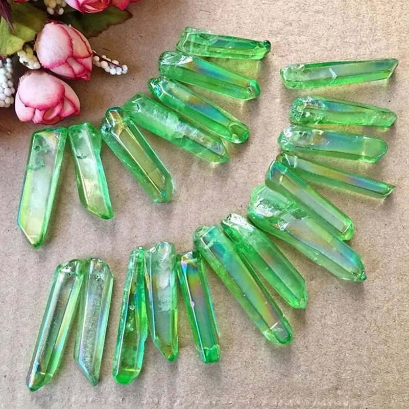 Green Natural Quartz Crystal Point Beads Top Drilled Graduated Stick Point Energy Ore Mineral Bead for DIY Jewelry Making Supply