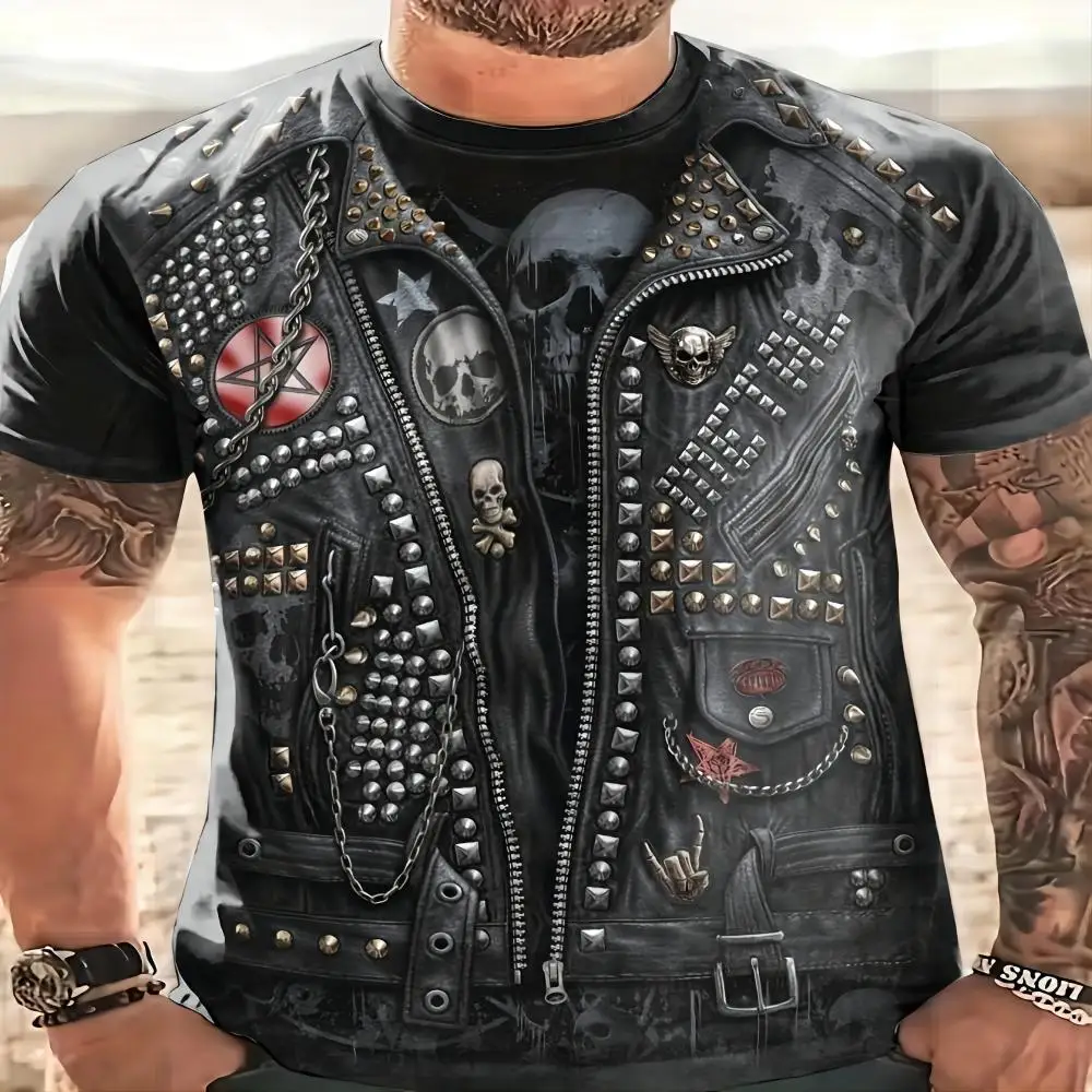 Summer Fashion Personality Fake Jacket Men T-shirts Hip Hop Trend skull Streetwear 3D Printed O-neck Short Sleeve Tees