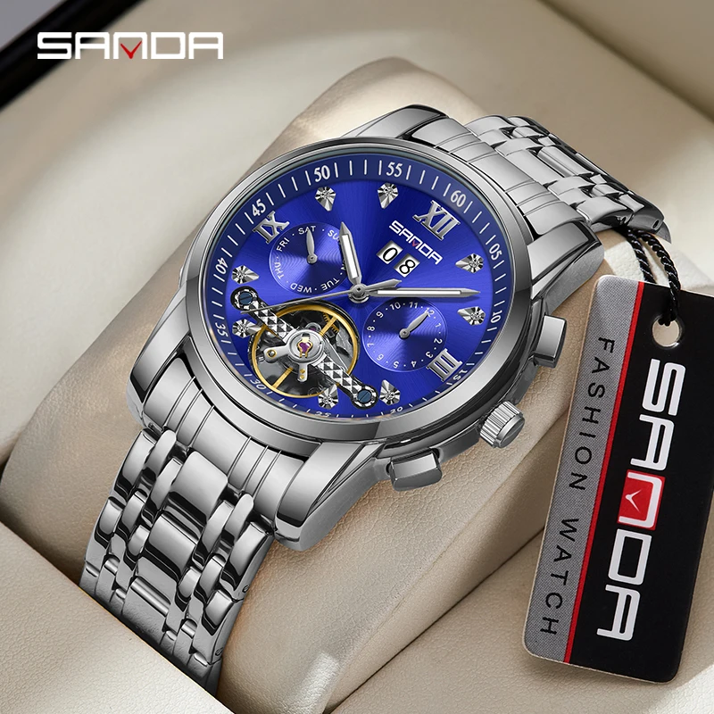 

SANDA New Fashion Tourbillon Mechanical Watches Stainless Steel Strap Automatic Watch Top Brand Luxury Men Watch 30M Waterproof