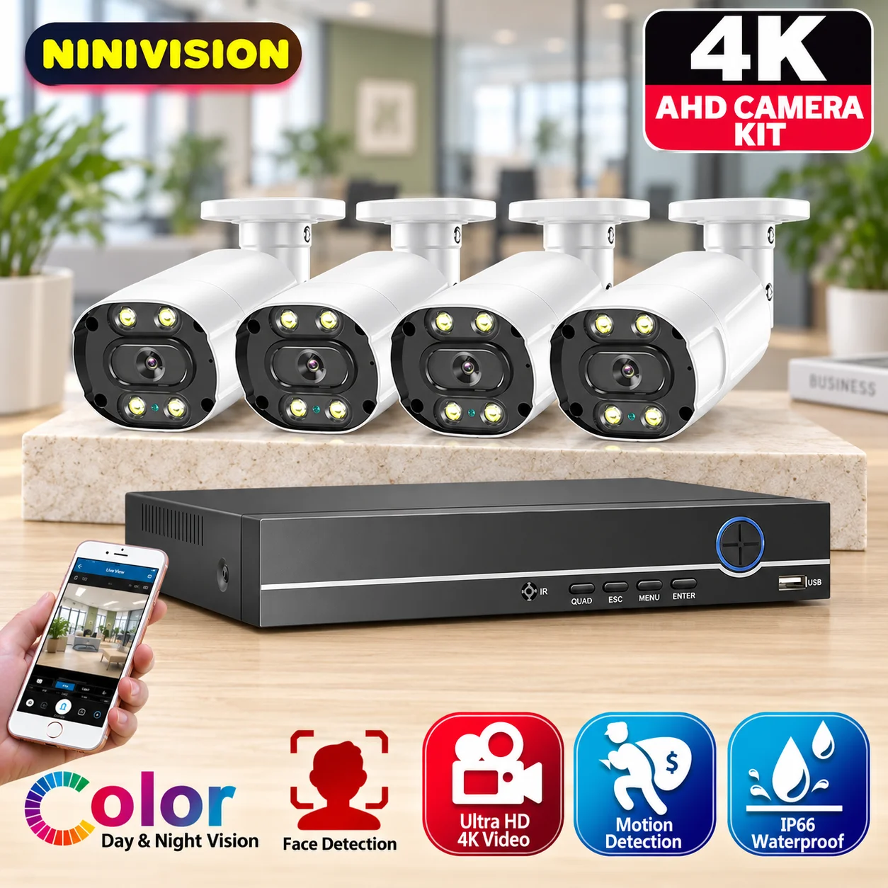 AI Face CCTV 4K AHD DVR Home Security Kit 4CH Outdoor Full Color Night Vision BNC Bullet Camera Surveillance System Video Set