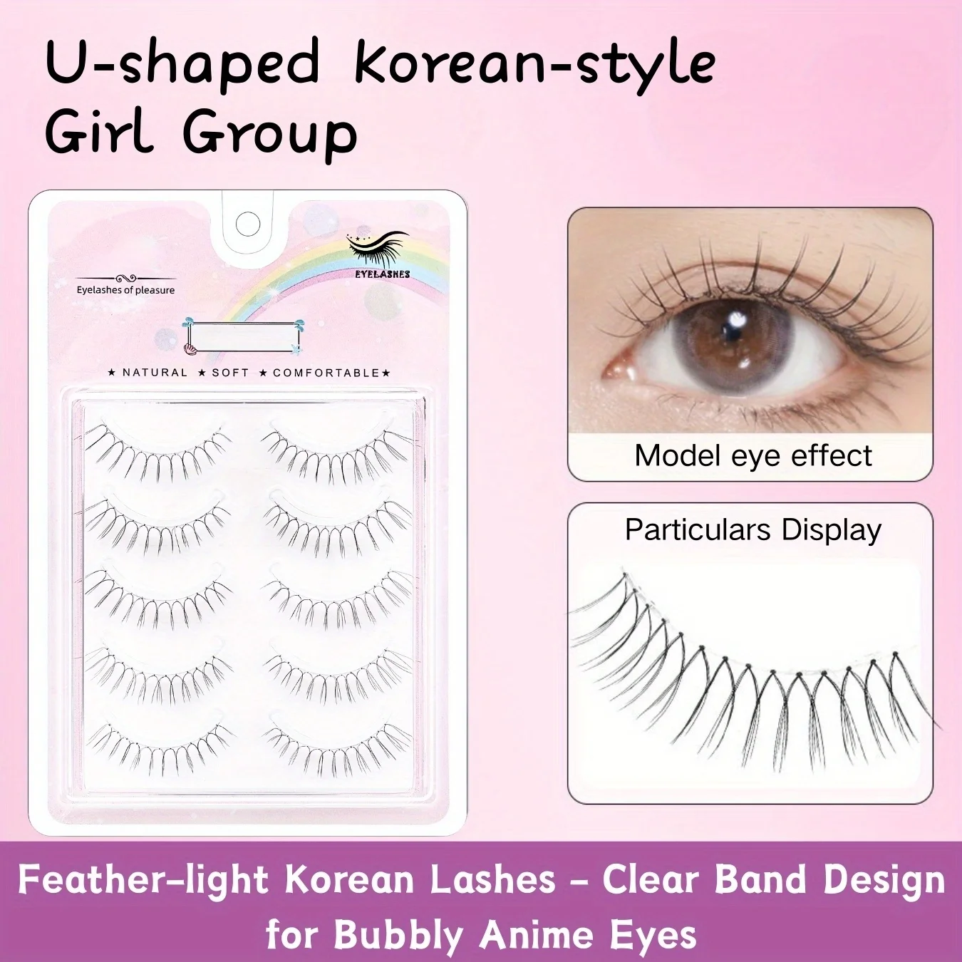 5 Pairs C curl U Shape Natural-Looking Reusable False Eyelashes, Natural Long And Thin False Eyelashes,Suitable For Light Makeup