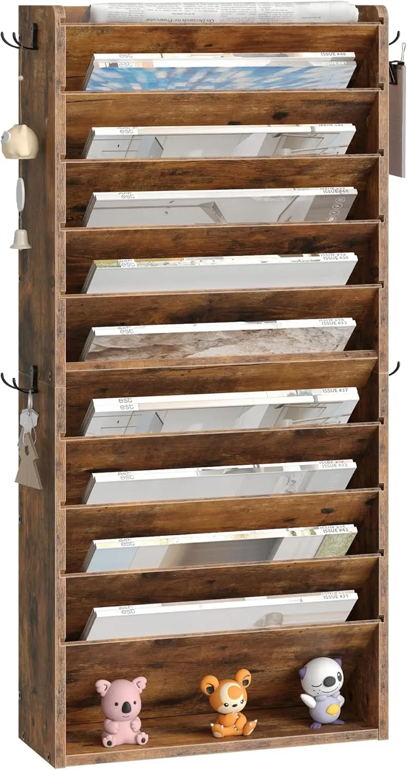 10-Tier Wall Mount File Organizer with Removable Shelves and Side Hooks, Rustic Brown Wooden Office Storage