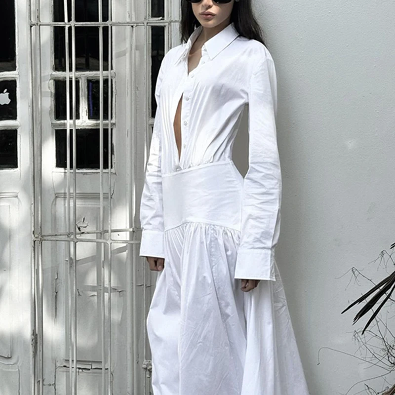

White Folds Shirt Dresses Spring Women Long Sleeves Single Breasted Dress Summer High Waist Loose Big Swing Knee Length Dress
