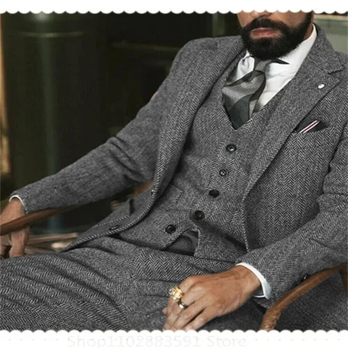 남성용 그레이 울 트위드 세트, 헤링본, 정장 신랑 턱시도 패션, 재킷, 조끼, 바지, 겨울 