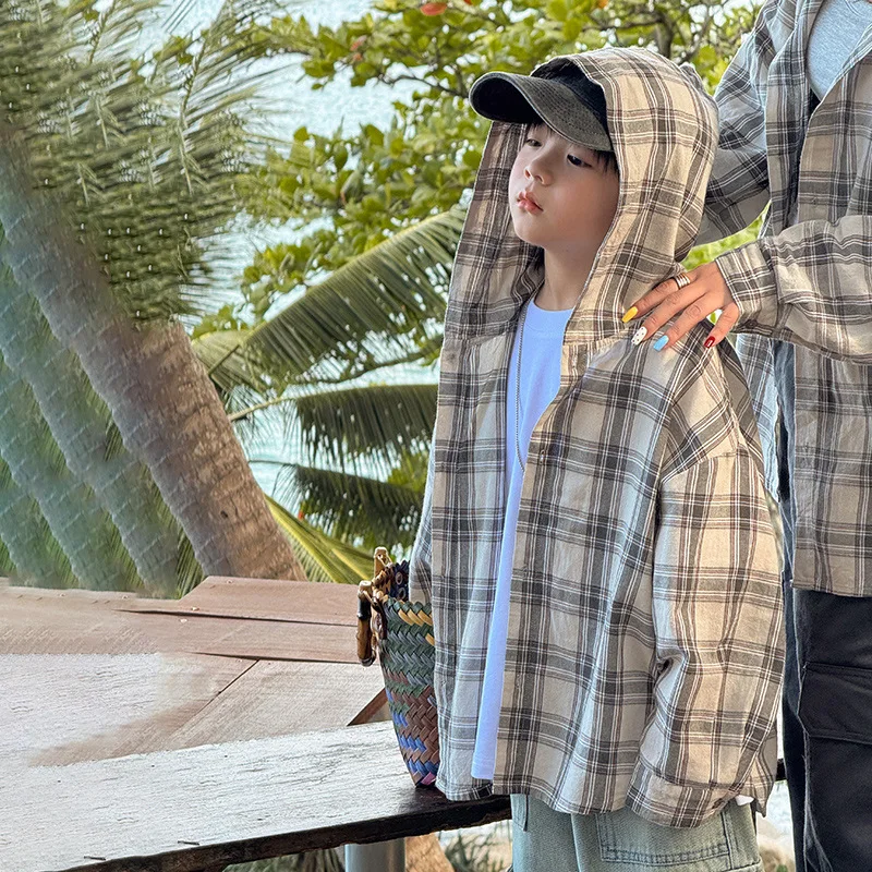 

Autumn 2025 New Boys Hooded Check Shirt Kids Jacket Long Sleeves