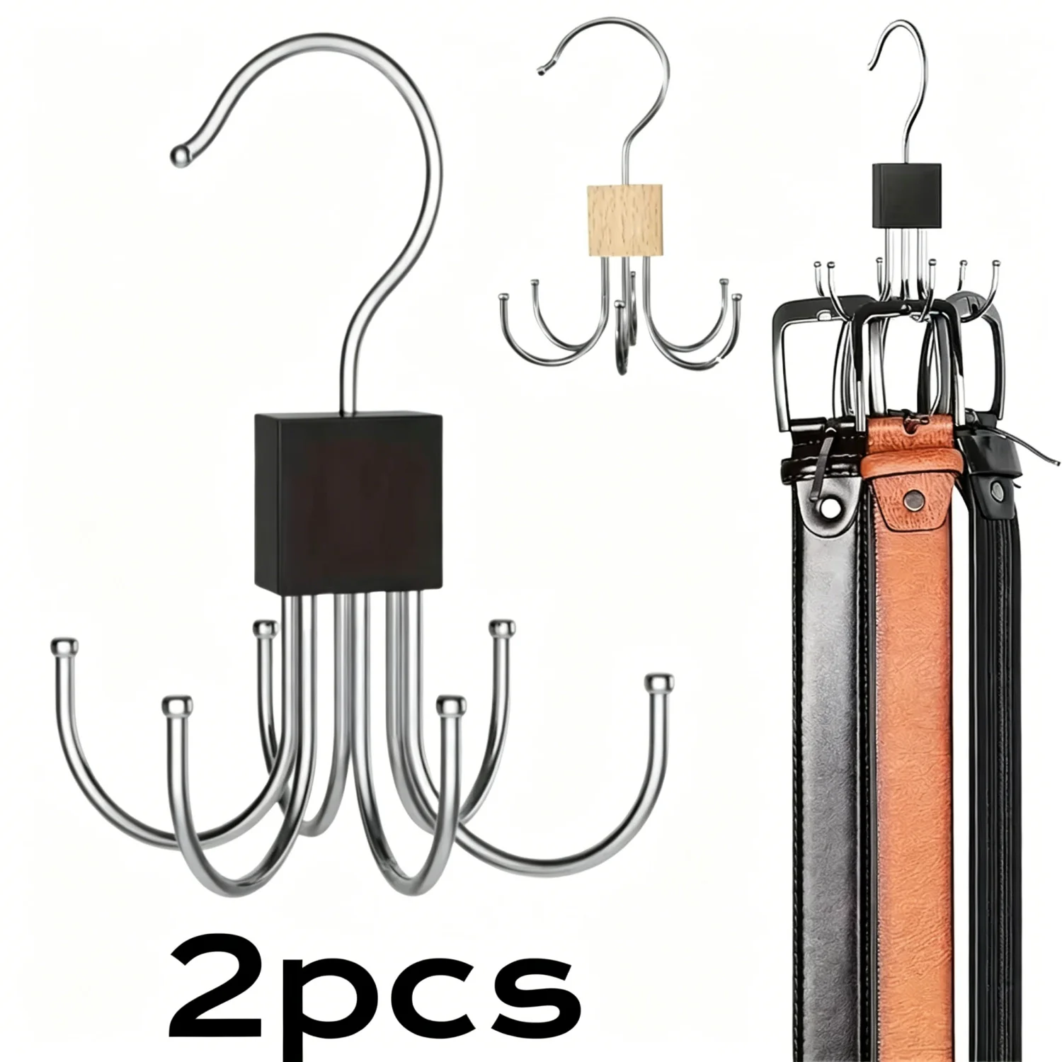 1/2 Piezas 360 °   Organizador de Ganchos Metálicos Giratorios Multiusos para Bolsos, Cinturones, Sujetadores, Corbatas, Bufandas, Accesorios de Almacenamiento para el Hogar de Madera