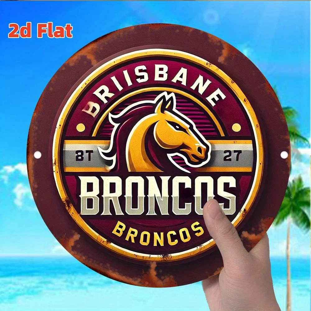 2D Flat, 1-Piece Brisbane Broncos Logo Vintage Metal Tin Sign - 8x8inch Country Aluminum Wall Art, Suitable for Garage, Home, Bar Decoration - Reusable