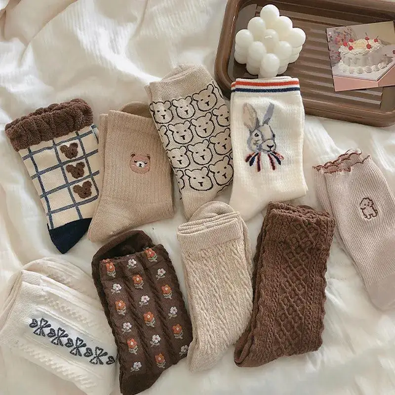 Randomly 5 pairs of girls' mid length stockings  retro cartoon style  artistic college style versatile coffee colored stockings