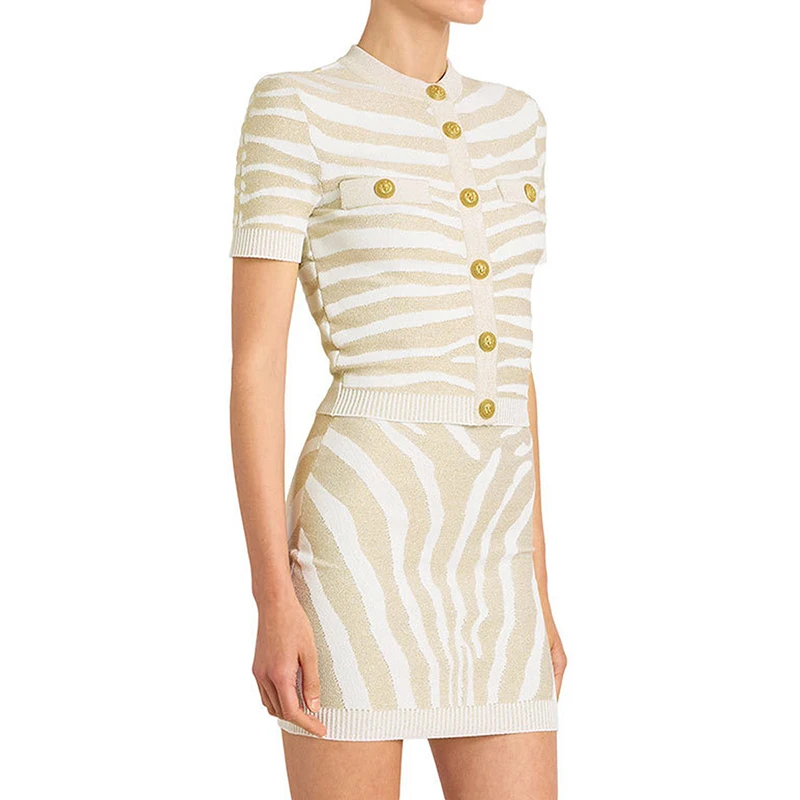 Women New Summer Striped Metal Button O-neck Short Sleeved Coat Elastic Band High Waist Bodycon Skirt Vintage Knit Two-piece Set