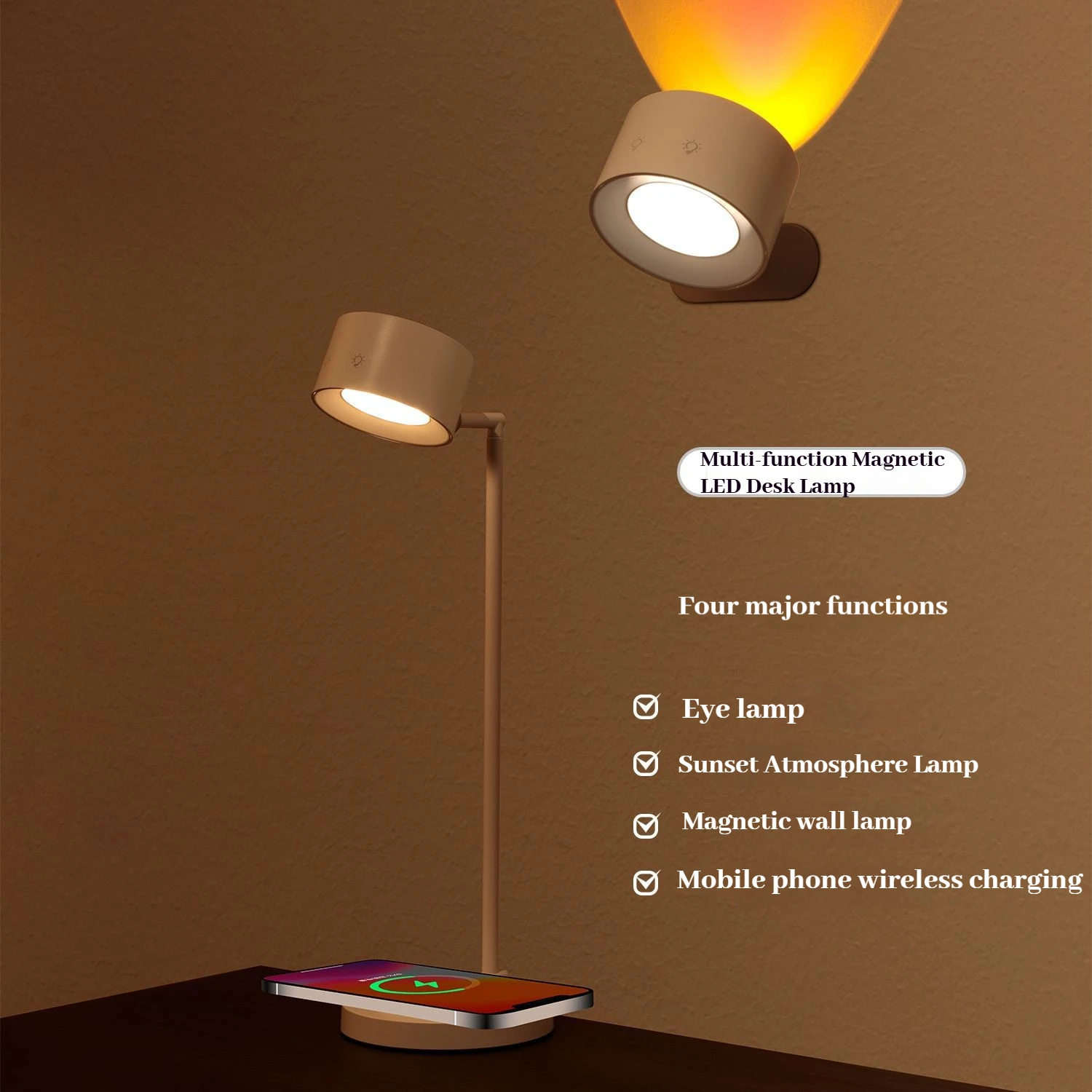 Wireless Charging Desk Lamp with Magnetic Base & Sunset Projection, USB Eye Protection Light for Bedroom Office Decor Gift