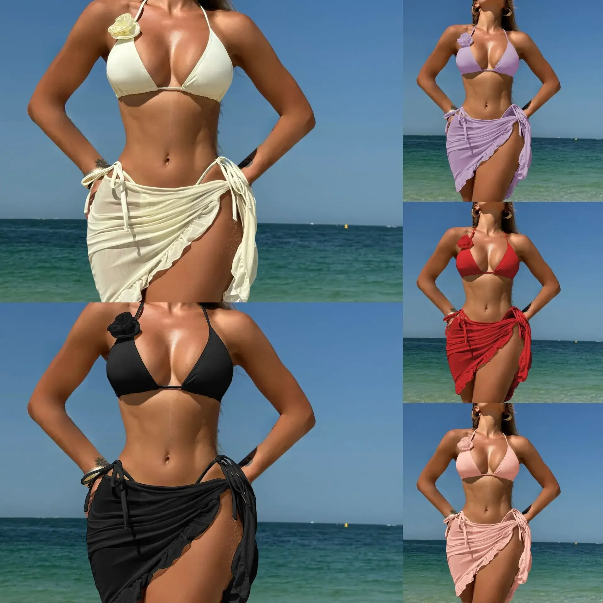 

Sexy Pure Color Rose Flower Three-piece Set Net Short Skirt Swimsuit Bikini Cross-border Fashionable Sportswear Accessories