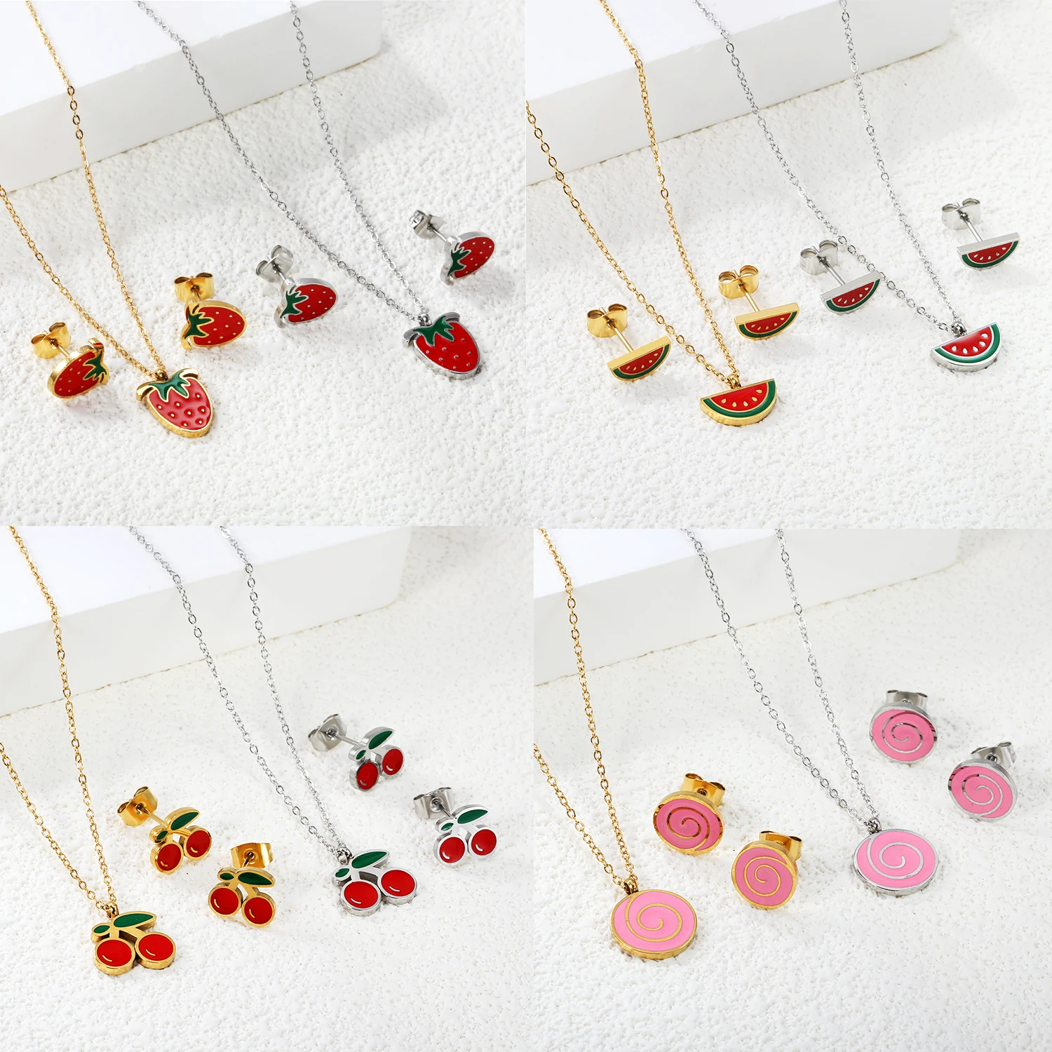

Strawberry Watermelon Fruit Style Pendant Necklace and Earring Set Cute Girl Jewelry INS Stainless Steel Waterproof Gift