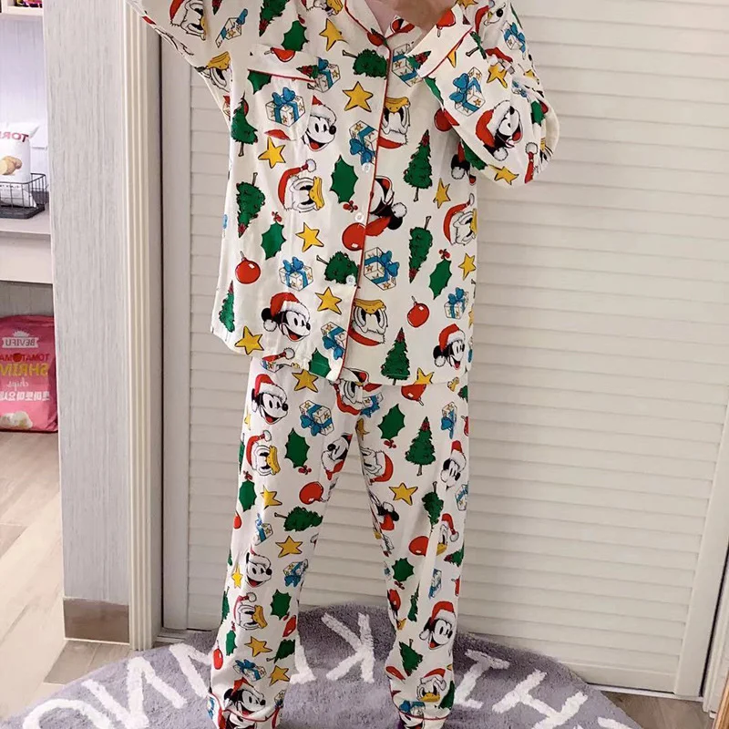 Disney Mickey Kawaii Baumwolle Pyjama Set für Frauen Weihnachten Langarm Top lose Hosen zweiteilige Sets y2k niedlichen Cartoon Anzüge