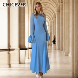 CHICEVER Slimming Pleated Long Dress For Women Crisscross Square Collar Flare Sleeve Spliced Zipper Dresses Female Clothing New