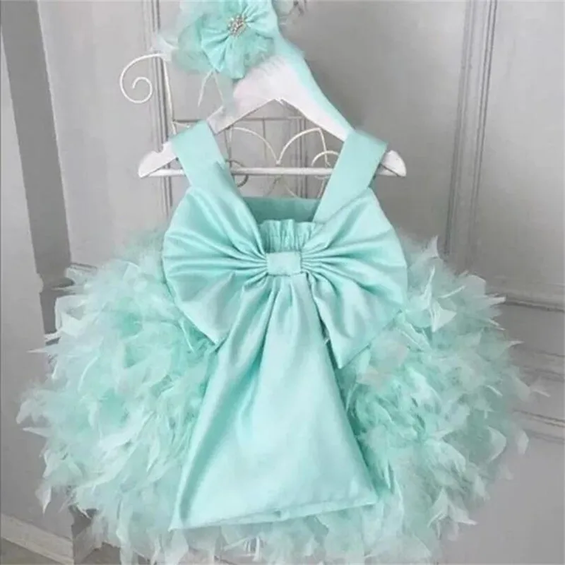 Fancy Turquoise Flower Girl Dress Baby Girl Party Gown Birthday Dress Feather Tutu Christmas Gown Baby Clothing with Bow