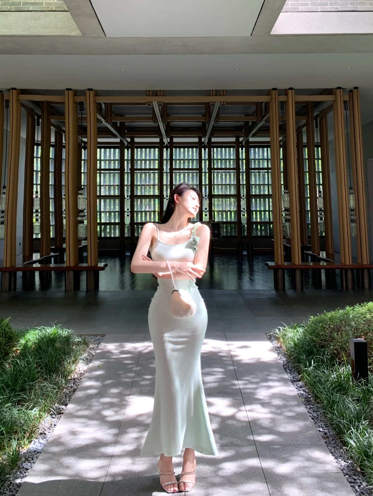 

Slim Fit Asymmetrical 3D Flower Print Wrap around Strap Dress Mint Green Long Evening Gown for Women Summer 2024 Fashion