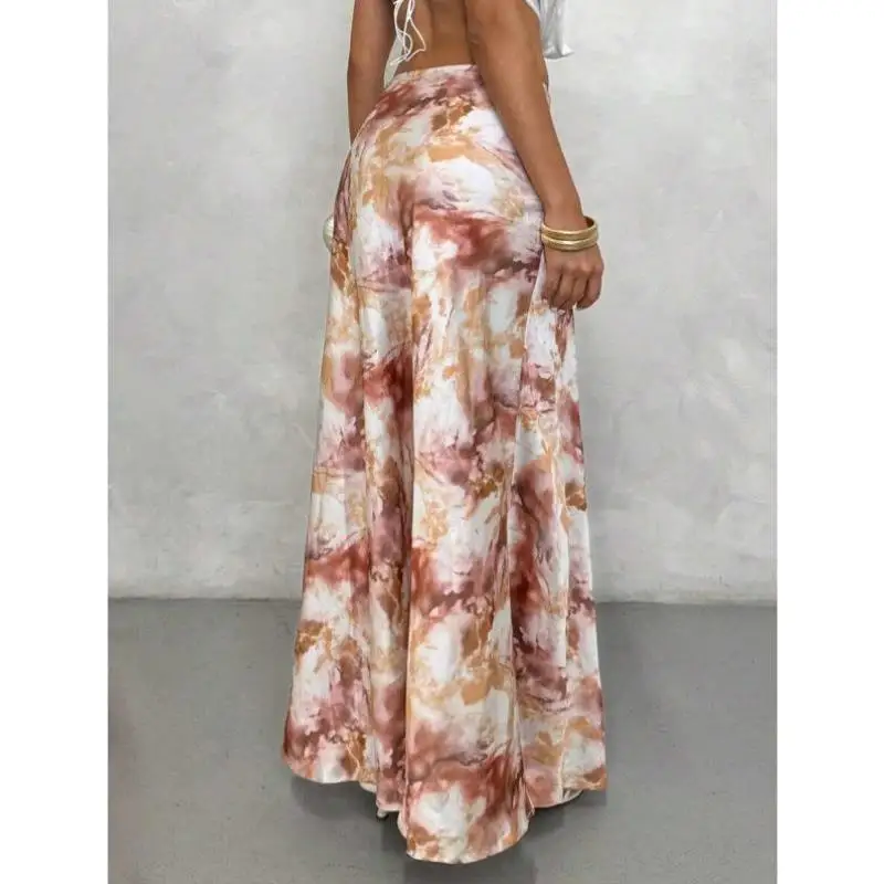 Ele Una línea de falda midi con estampado completo transfronterizo nuevo modelo Vintage Sle Ciwalk pantalones de nueve piezas Micro poliéster elástico