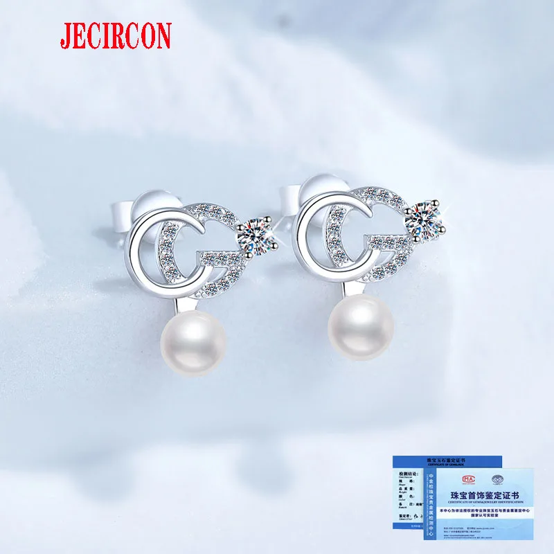 

JECIRCON S925 Sterling Silver Stud Earrings for Women Moissanite Freshwater Pearl Light Luxury Hypoallergenic Durable Jewelry