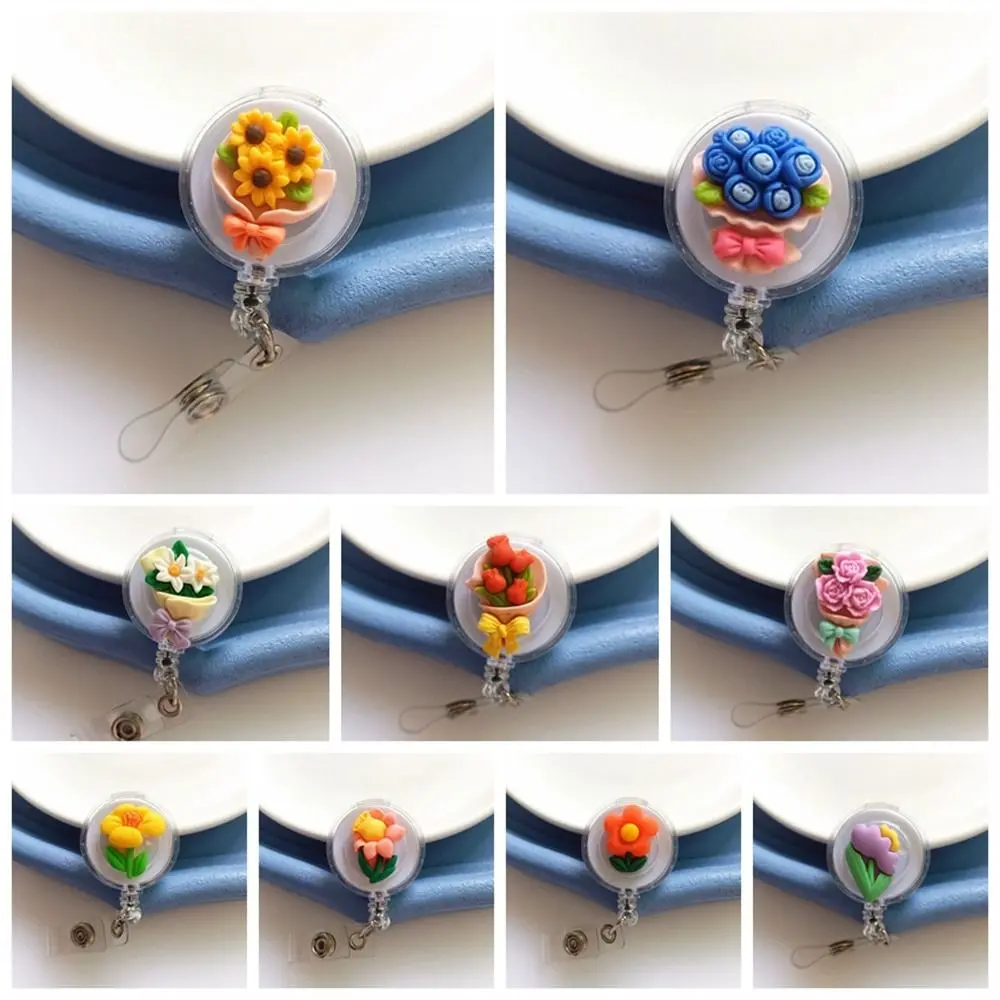 Desenhos animados Flower Badge Reel para ID Card, Titular do cartão de peito, Pull Buckle, Retrátil, Resina, Exposição, Enfermeira, Médico, Estudante