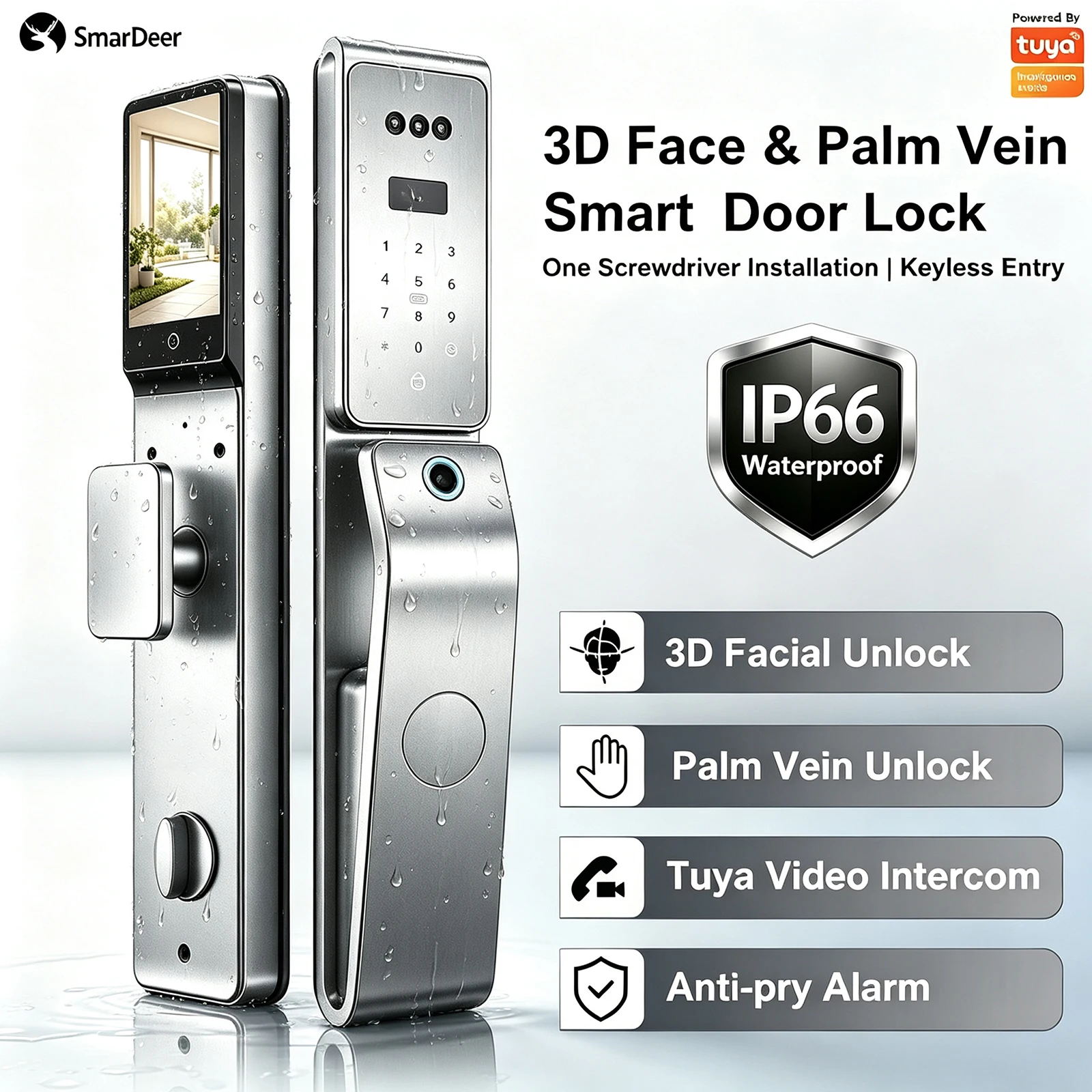 SmarDeer IP66 Outdoor Waterproof Smart Lock,3D Facial & Palm Vein Recognition Door Lock,Tuya WiFi Keyless Entry Security Lock