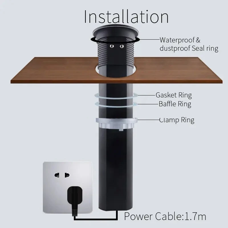 

Customized Black Waterproof Intelligent Motorized Kitchen Worktop Electrical Pop up Desktop Socket Tabletop Socket