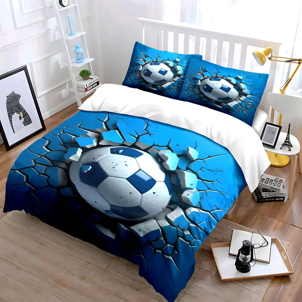 Cool 3D Soccer Ball Breaking Through Wall 3PCS Bedding Set Soft Microfiber Bedding Set for Football Fans & Boys Room Decor