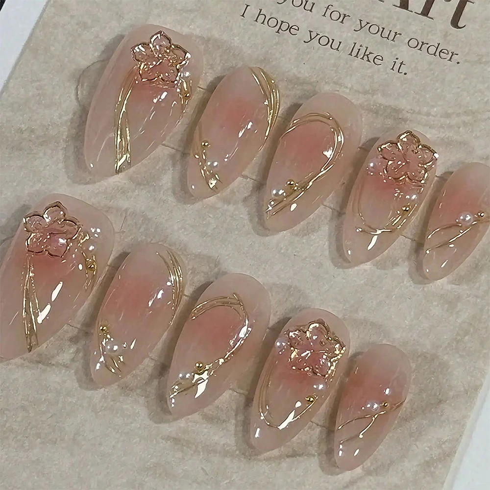 24 Stück vergoldete Chromlinien Sakura-Blume lange Mandeln künstliche Nägel rosa Ombre Full Cover Press On Nail Spring Blossm DIY falscher Nagel