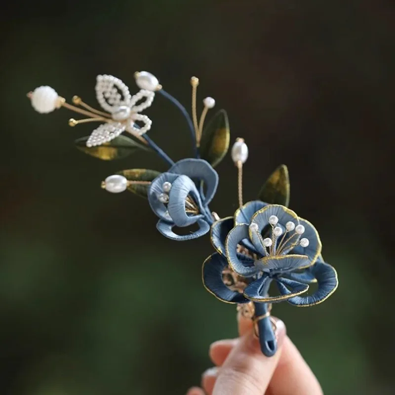 Handmade flower-wrapped new Chinese national style hairpin, antique Hanfu side headdress, classical dance hair accessories, blue