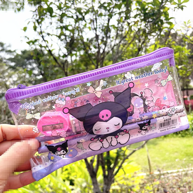 6pcs/set Anime Sanrio Melody Kuromi Stationery Set Cinnamoroll Student Cartoon Pencil Eraser Ruler Pen Bag Storage Set School