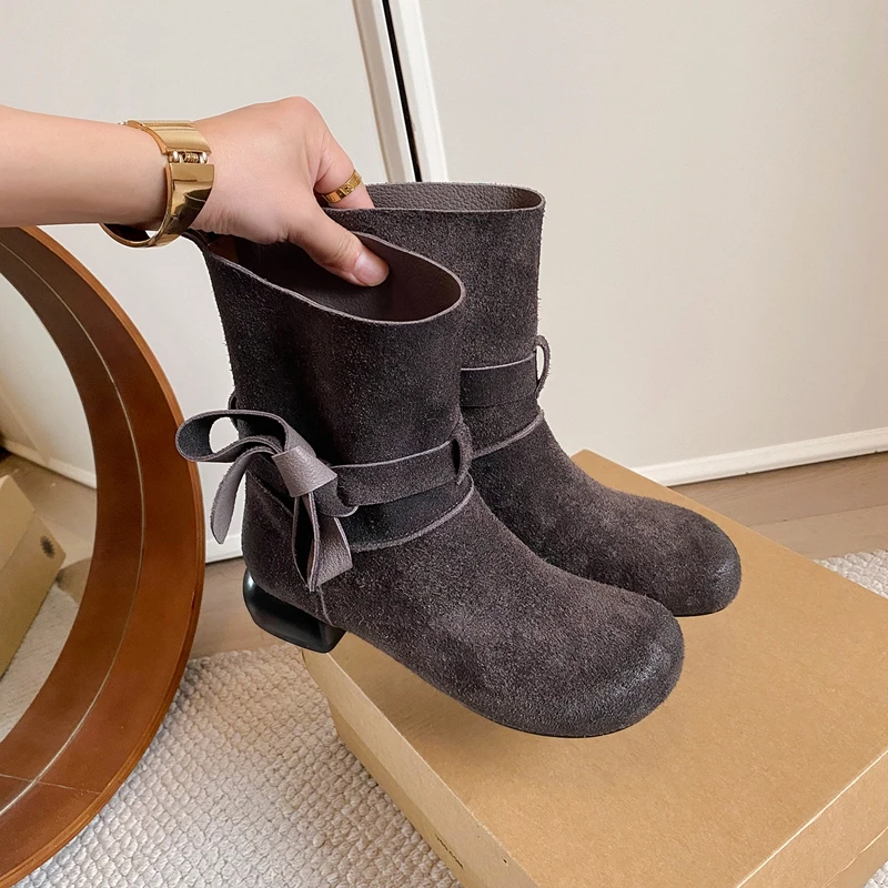 2026 Winter New Low Heel Shorthole Boots Women's Shoes Fashion Round Toe Cow Suede Leather Sleeve Bow Non-Slip Single Boots