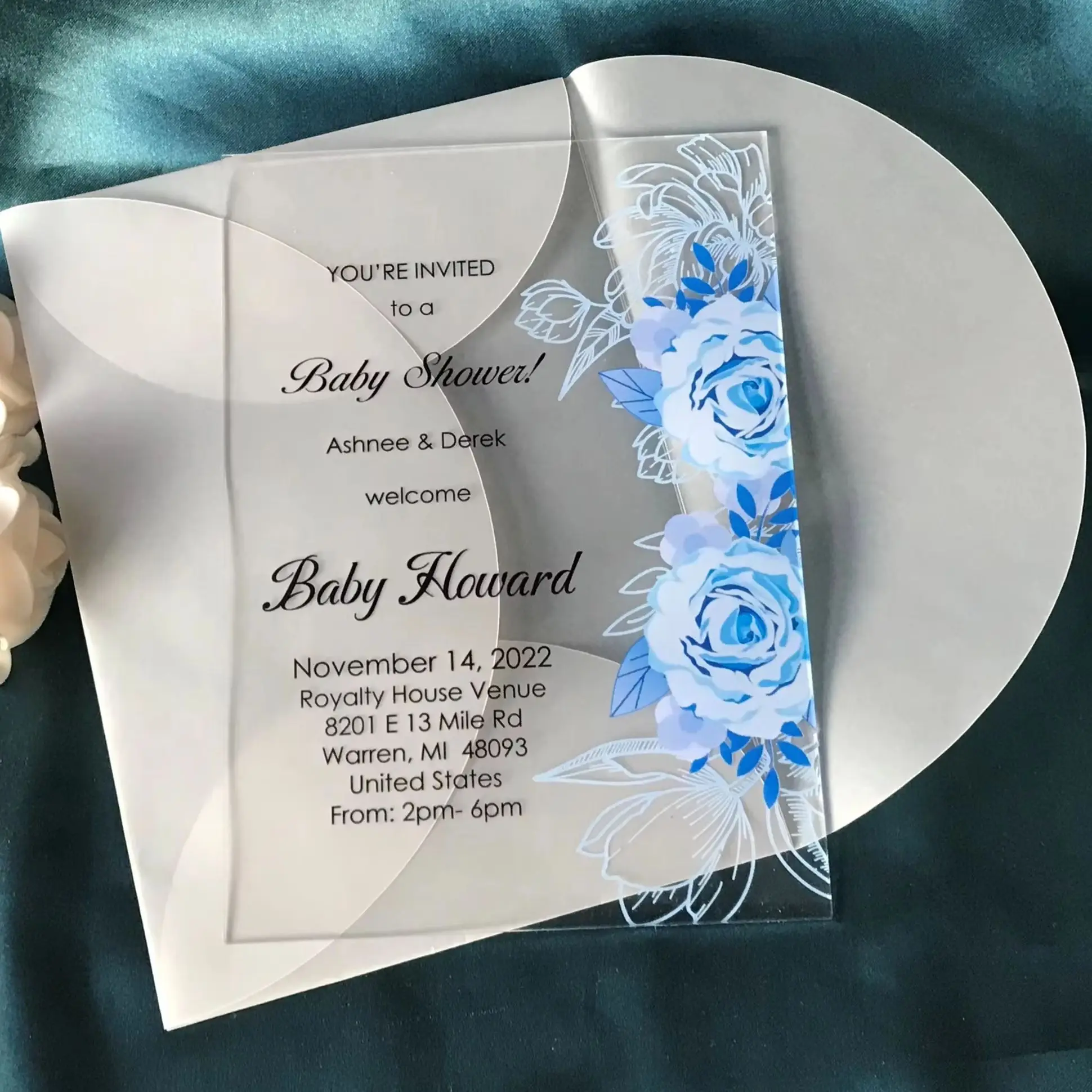 Custom Acrylic Invitation for Baby Shower, Semi-transparent Envelope, Light Blue Rose Invitation,Decoration, 10PCs