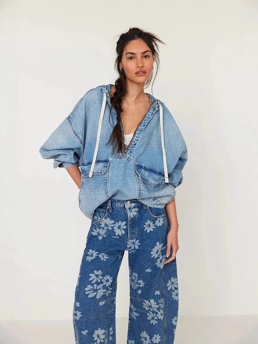 2025 Sudadera con capucha de mezclilla para mujer, jersey de gran tamaño con cuello en V, Top con media cremallera frontal, bolsillos de utilidad, mezcla de algodón, ropa de calle