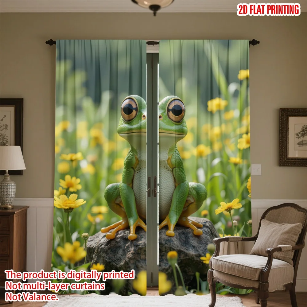 

2D flat printing 2pcs Window Drapes Frog on Rock with Flowers Digital Printed Polyester Drapes Party Decorations for Outdoor and