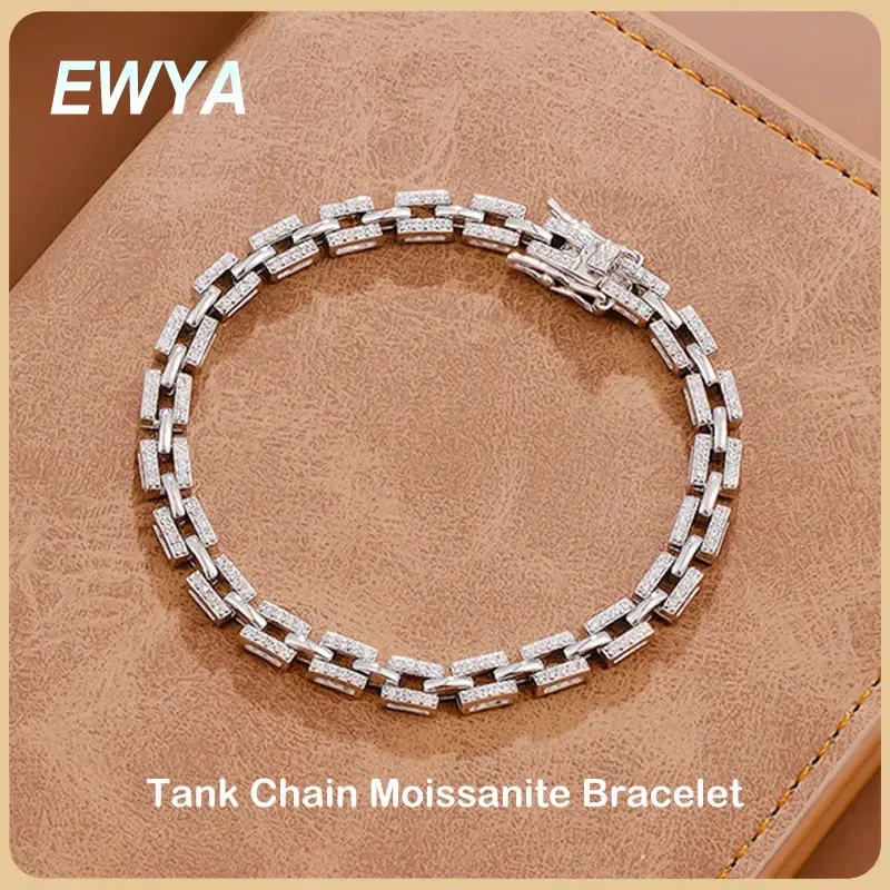 EWYA Luxury Designer Tank Chain Moissanite Bracelet for Women Party Wedding Fine Jewelry S925 Sterling Silver Diamond Bracelets