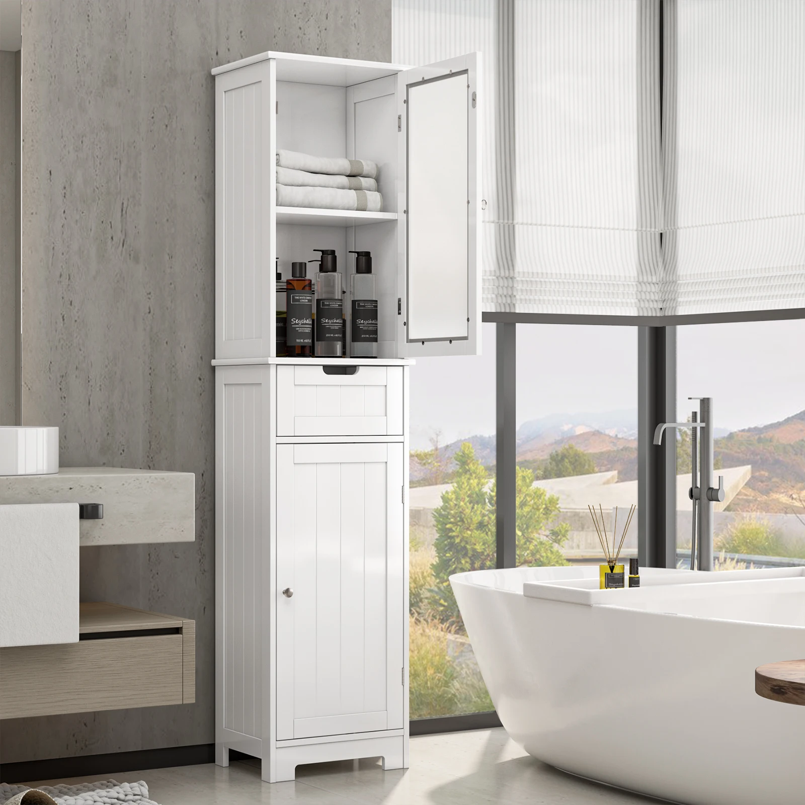 Hochschrank Bad, Badezimmerschrank mit Schublade und Türen, Badschrank mit Verstellbaren Ablagen,
