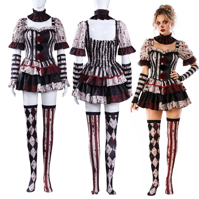 Damen Clown Cosplay Kostüm Zirkus Narrenkleid Halloween Party Auftrittsoutfit Rollenspiel Karneval Bühnenkostüm