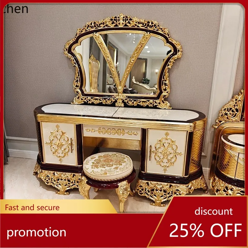 HXL Palace Style Dressing Table and Stool Set All Solid Wood Carved and Painted Furniture