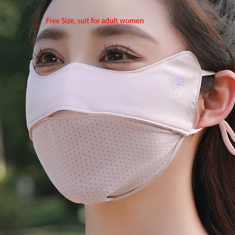 Nueva máscara de seda de hielo transpirable, máscara de protección solar lavable Anti-UV, máscara facial de montar de malla a prueba de polvo para las cuatro estaciones