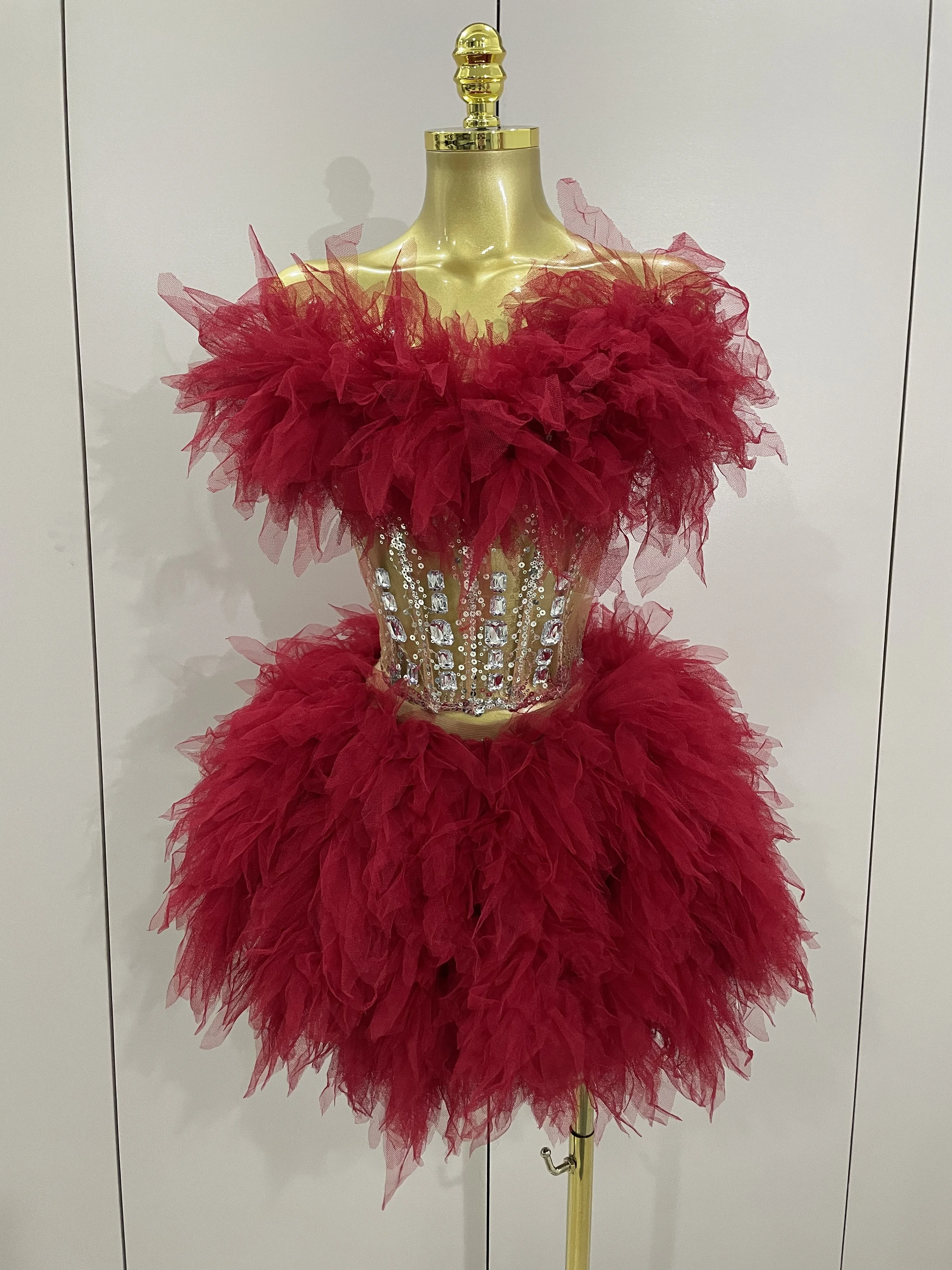 2025 المرأة مثير عارية الذراعين حزام شبكة رقيق تنورة 2 قطع الماس الترتر مرحلة الأداء زي حفلة عيد ميلاد اطلاق النار فستان #5