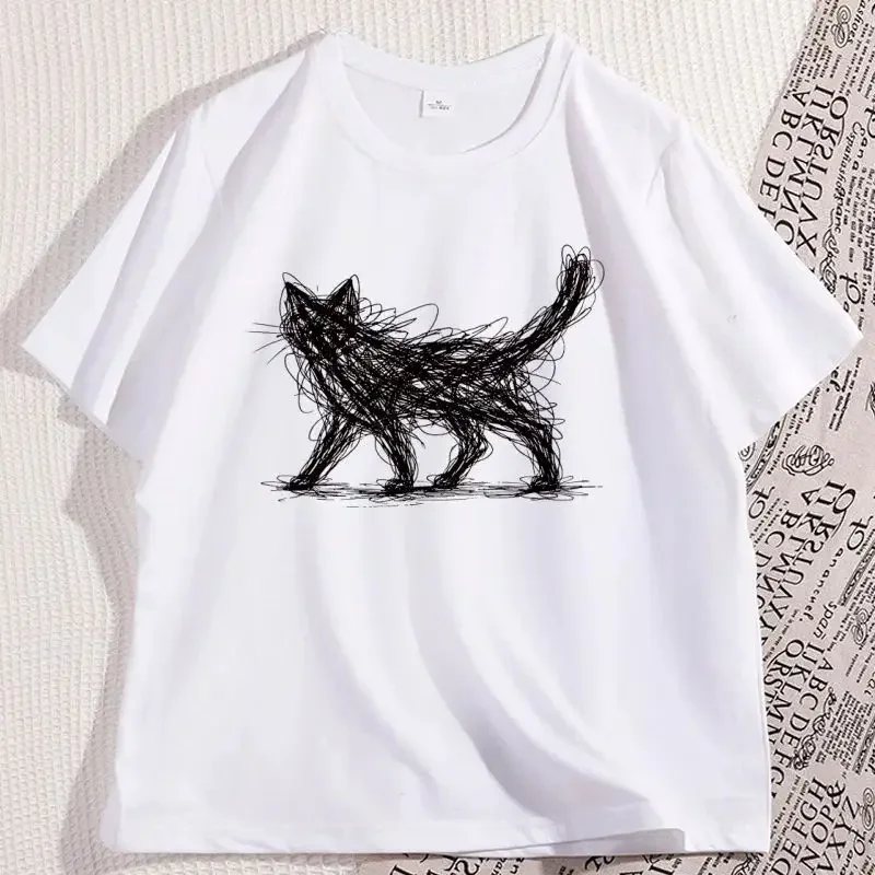 Danqiyoyo Vintage Cat Line Funny Modern Sketch Animal Cat LoveClothes Tee Shirt Homme Graphic T-Shirt7204