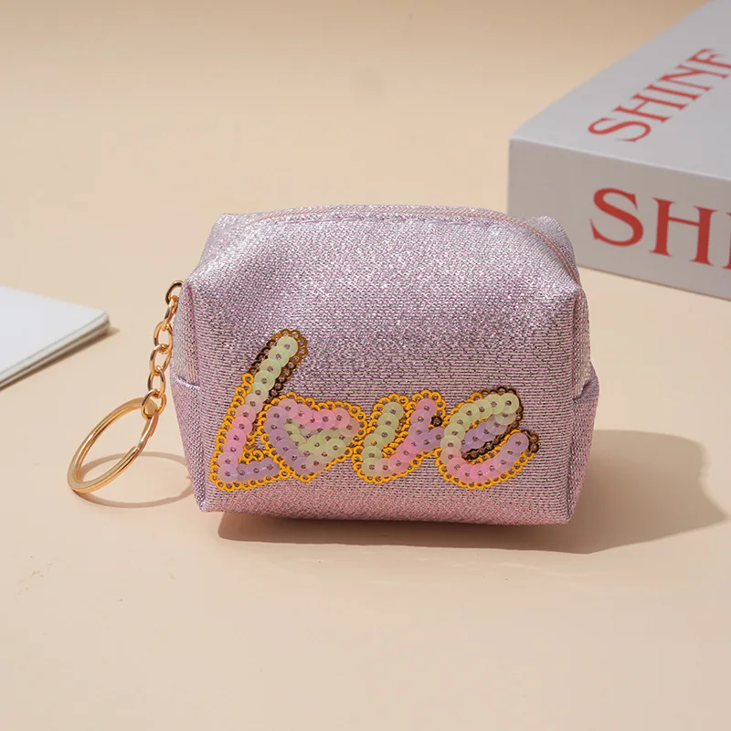 

Zipper Glossy Sequin Coin Purse Small Wallet Embroidered Letter Love Mini Bags Mini Lipstick Headphone Storage Bag with Keychain