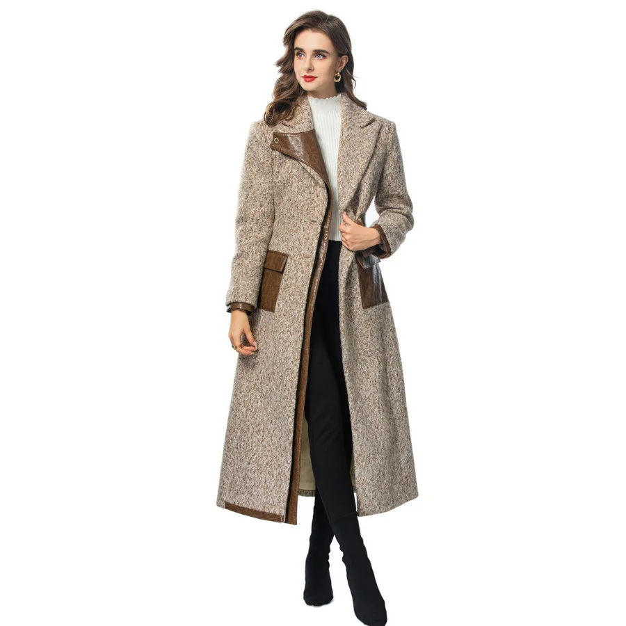 Meyyithun Winter&Fall New Women's Coat Notched Single-Breasted Color Block Patchwork Pocket Long-Sleeved Overcoat 250306mz02