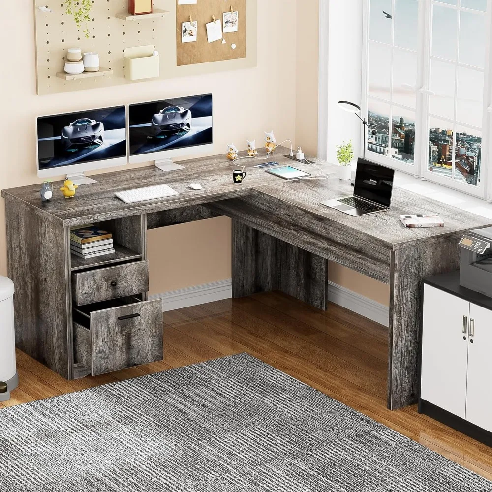 Bureau d'ordinateur en forme de L avec tiroir, bureau relevable avec prises de courant et ports de chargement USB