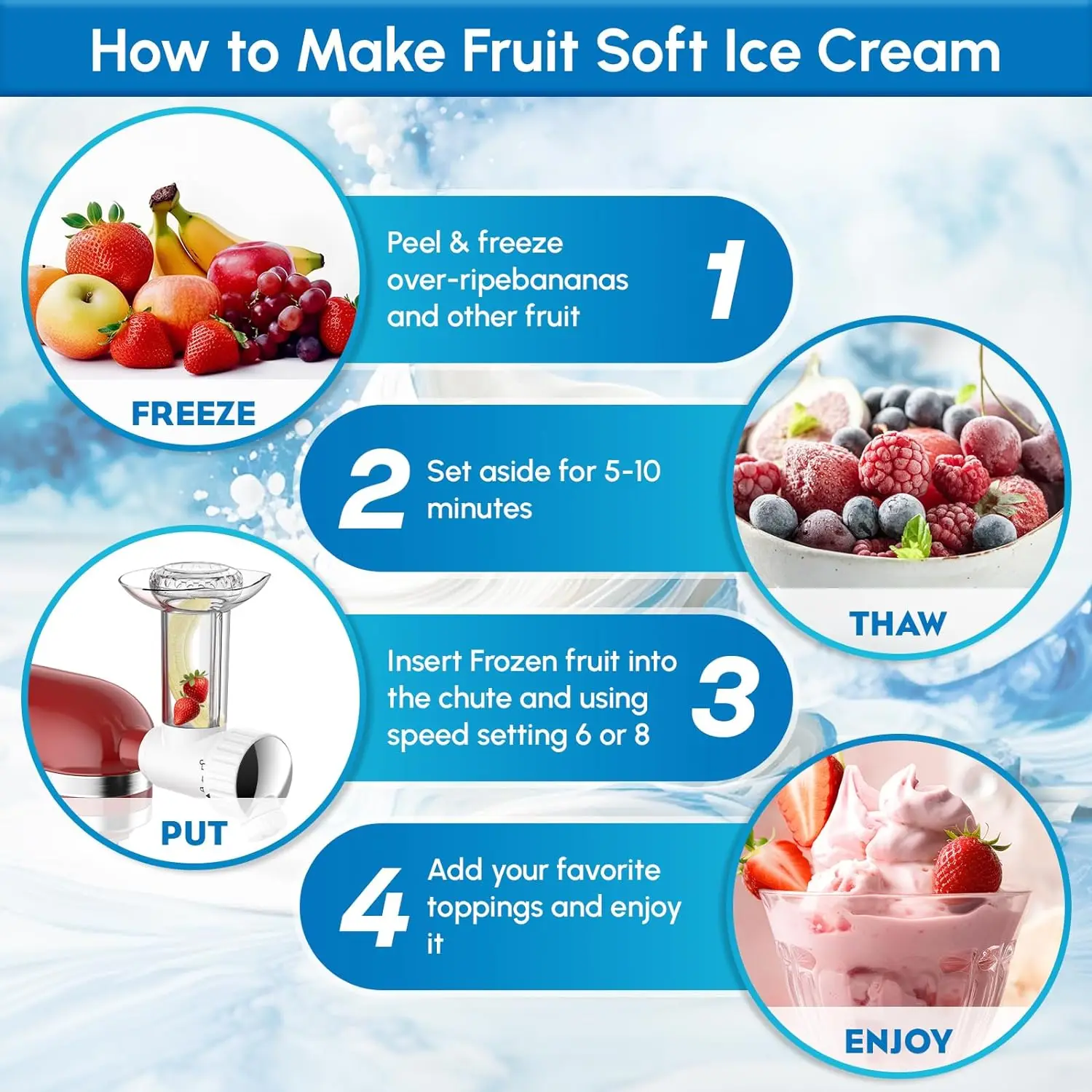 Dishwasher Safe，Frozen Fruit Ice Cream Attachment for Kitchenaid, Make Healthy Ice Cream, Dairy-Free Frozen Fruit Sorbet