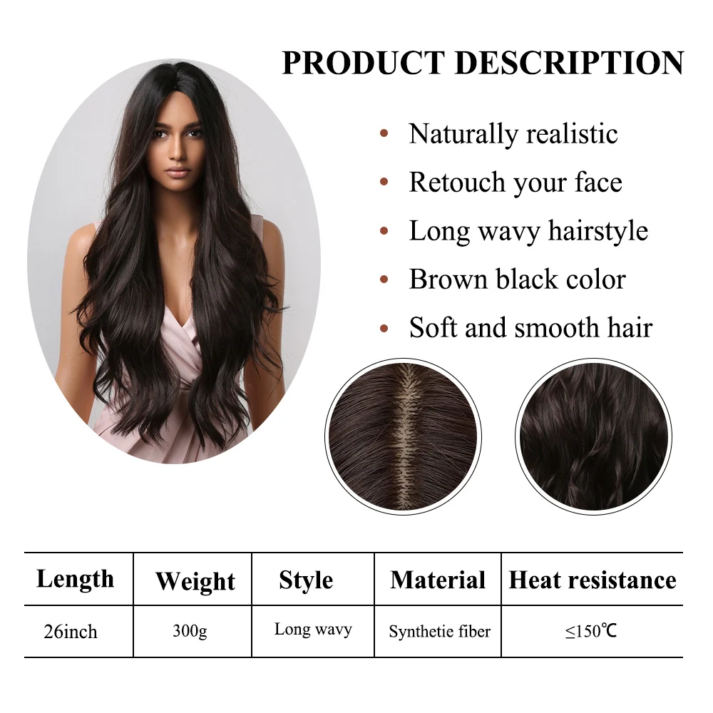 EASIHAIR Dark Brown Black Synthetic Wigs Middle Part Long Wavy Wigs for Black Women Daily Cosplay Heat Resistant Natural Hair