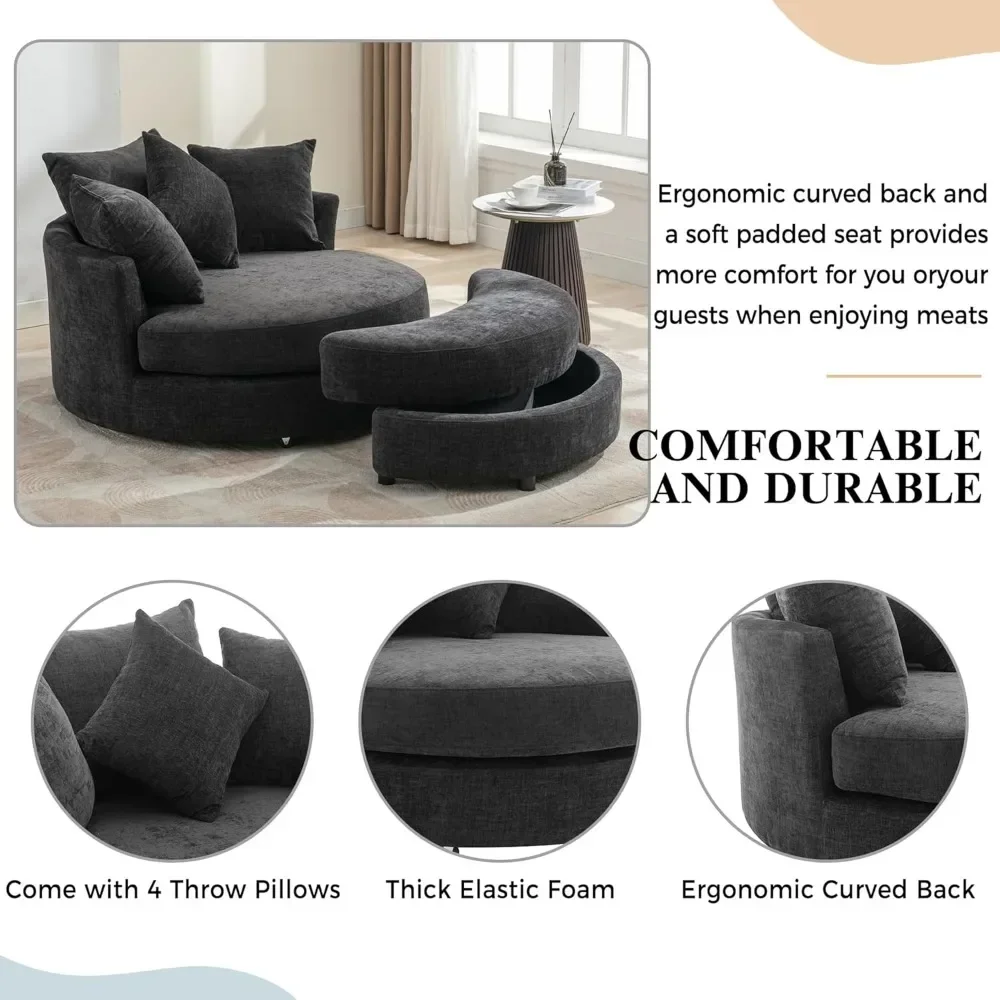 Swivel Round Barrel Chair with Storage Ottoman and  Movable Pillow Backrest,360° Round Rotating Barrel Chair