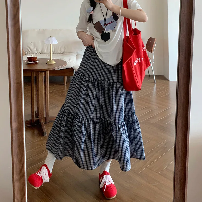 Korean Style Fashion Vintage Plaid Maxi Skirt Spring Summer College Loose Thin A-line Kawaii Long Tiered Ruffle Skirts for Women