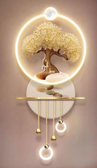 

Modern light luxury entrance decorative painting with LED wall lamp painting means good fortune tree hanging painting corridor
