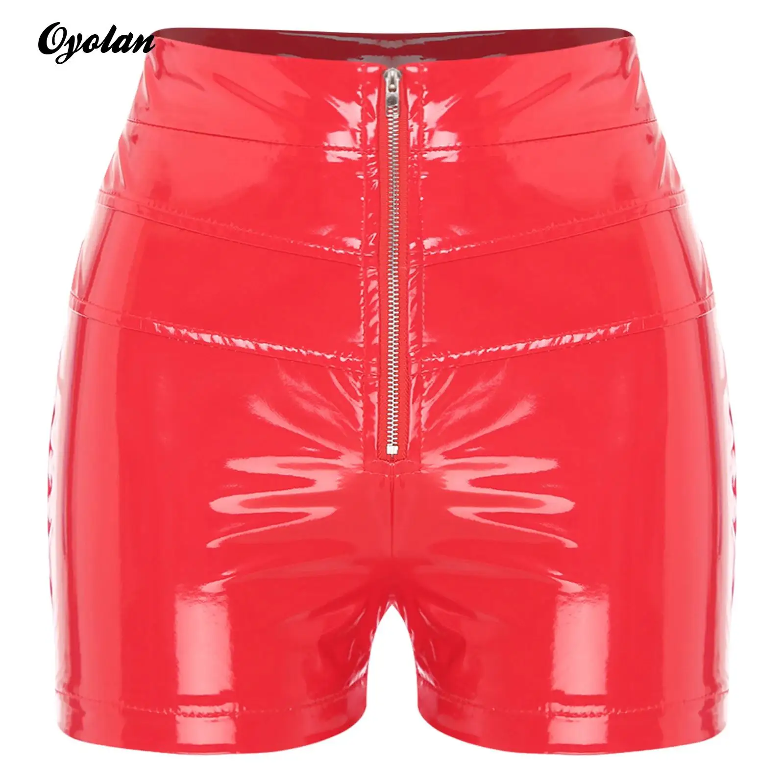 

Womens Stretchy Motorcycle Booty Shorts Faux Leather Hot Shorts for Pole Dancing High Waist Front Zipper Shorts Rave Clubwear