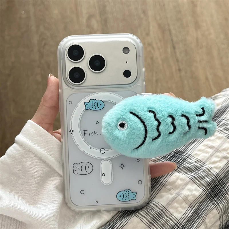 Clear Cute Fish Magnetic Phone Case For iPhone 17 Pro 16 15 14 Pro Max Cover with Stand Cases For Magsafe Shockproof Cartoon Cas